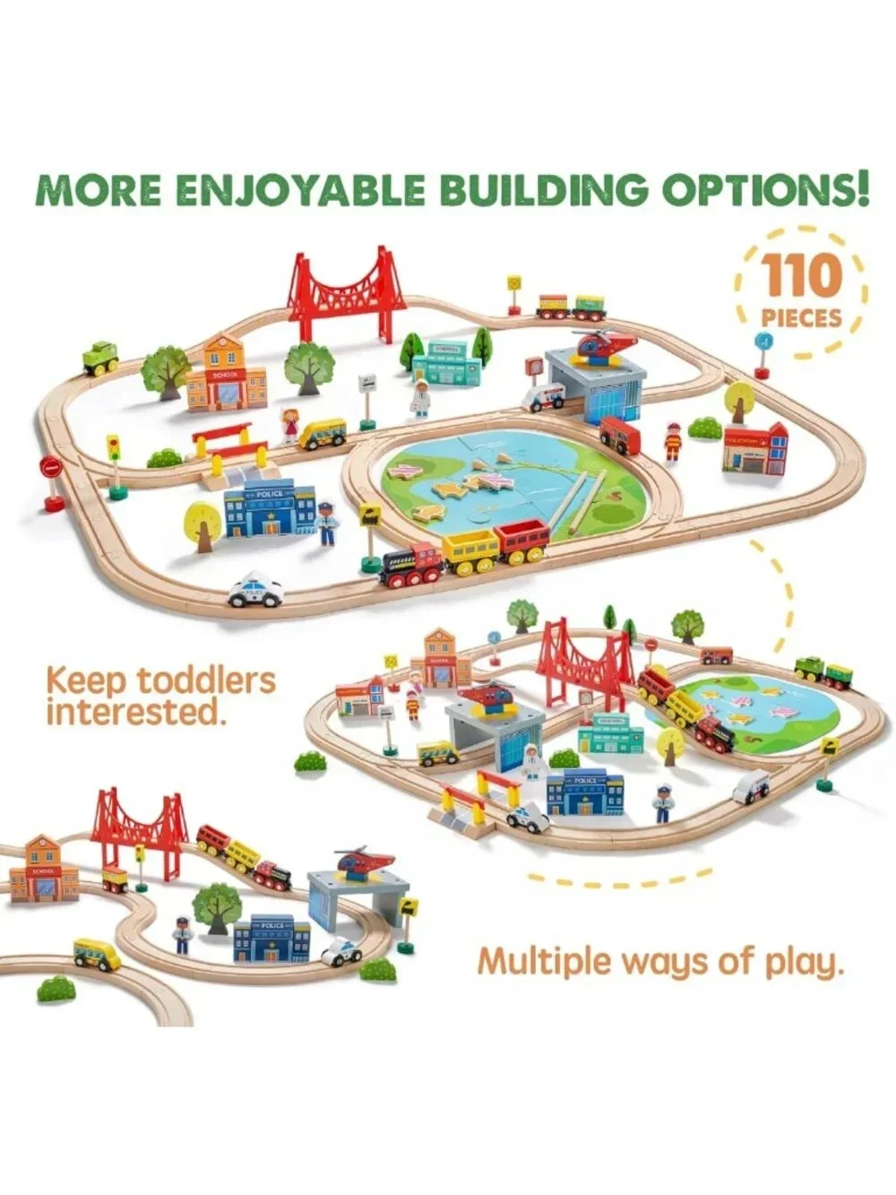 110PCS Wooden Train Set with Tracks for Kids 3-7 | Fun Railway Playset Toy